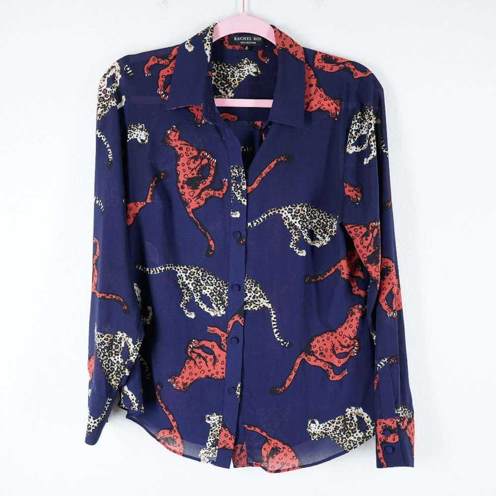 RACHEL ROY COLLECTION Womens Size 4 Jaguar Print Blouse Button Front
